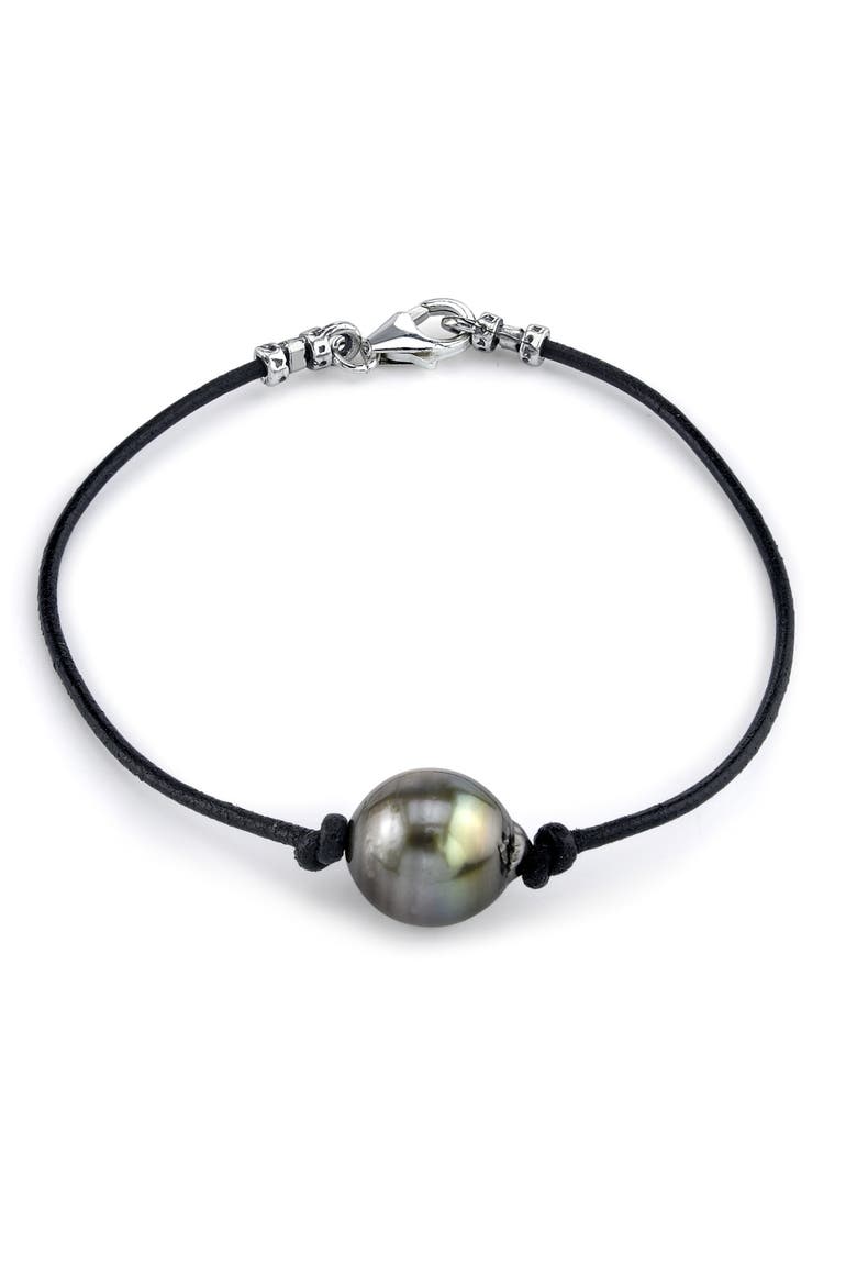 Tahitian South Sea Baroque Pearl Leather Bracelet, Main, color, Black Pearl