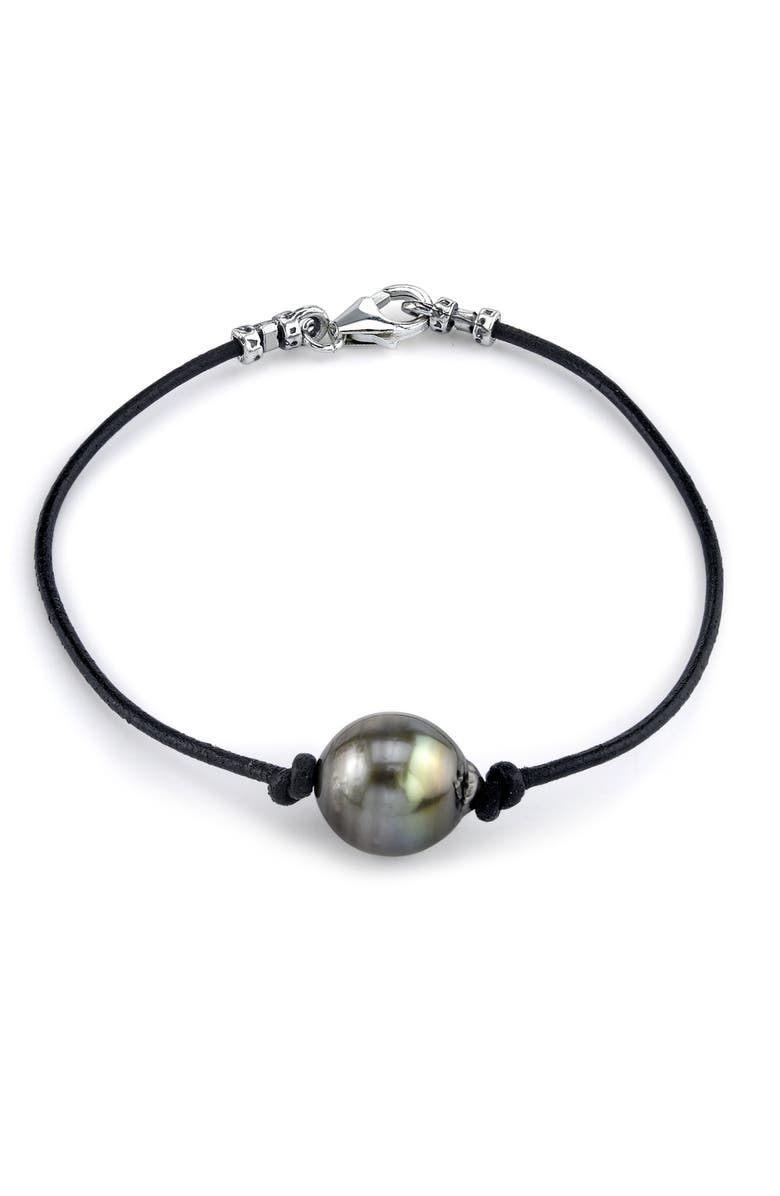The Pearl Source Tahitian South Sea Baroque Pearl Leather Bracelet, Main, color, Black Pearl