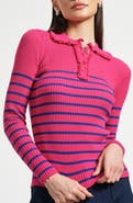 Isaac Mizrahi New York Stripe Ruffle Rib Polo Sweater