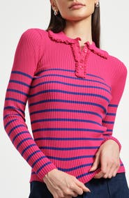 Isaac Mizrahi New York Stripe Ruffle Rib Polo Sweater