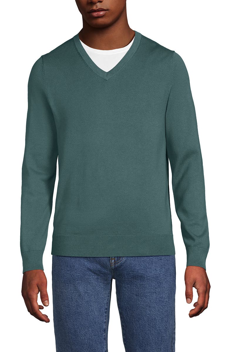 Lands' End Fine Gauge Cotton V Neck Sweater, Main, color, Tourmaline