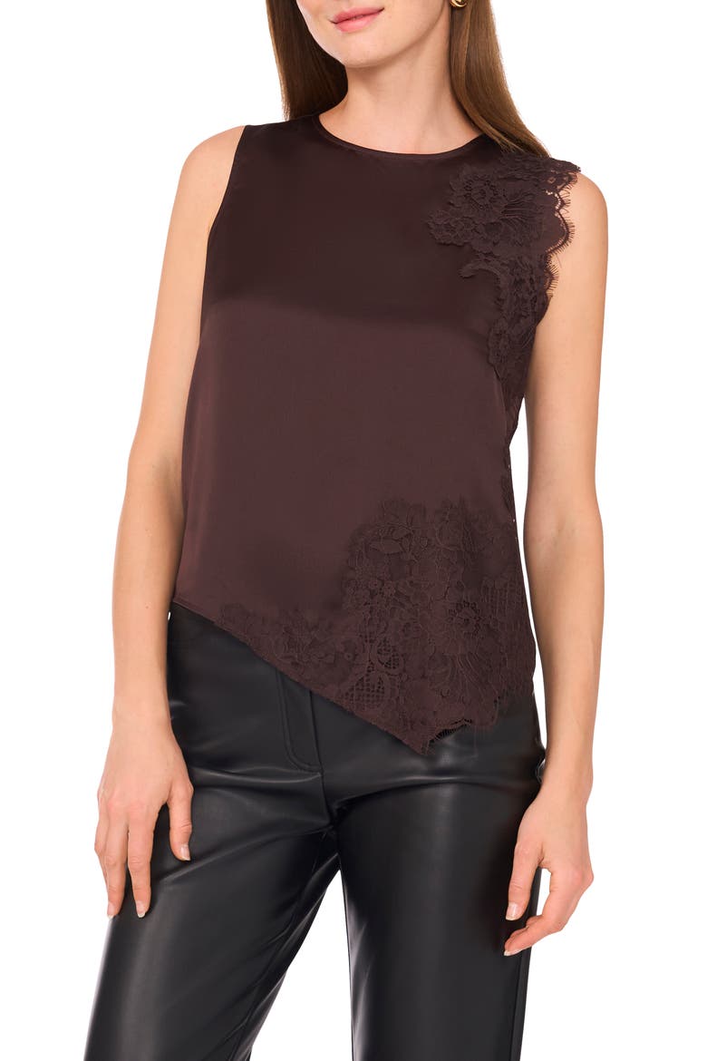 Lace Detail Asymmetric Hem Satin Tank, Main, color, CHOCOLATE