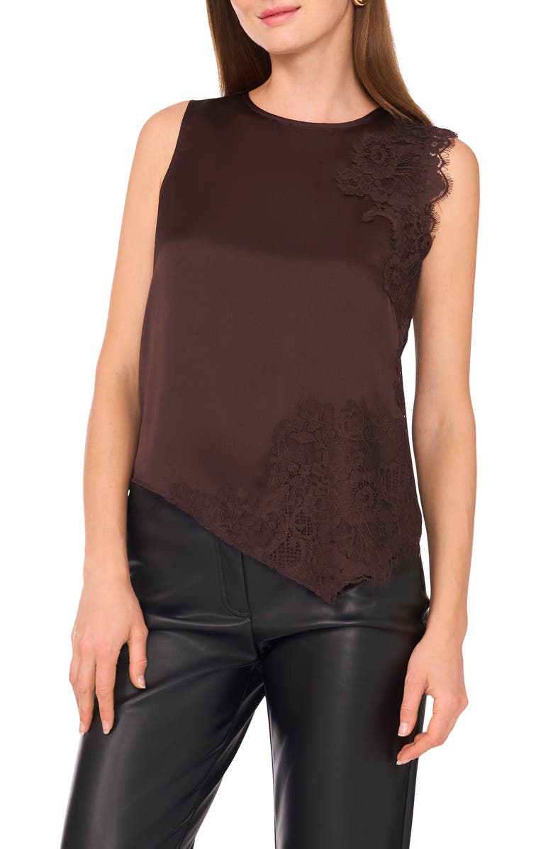Vince Camuto Lace Detail Asymmetric Hem Satin Tank, Main, color, Chocolate
