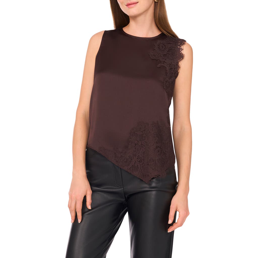 Vince Camuto Lace Detail Asymmetric Hem Satin Tank In Brown