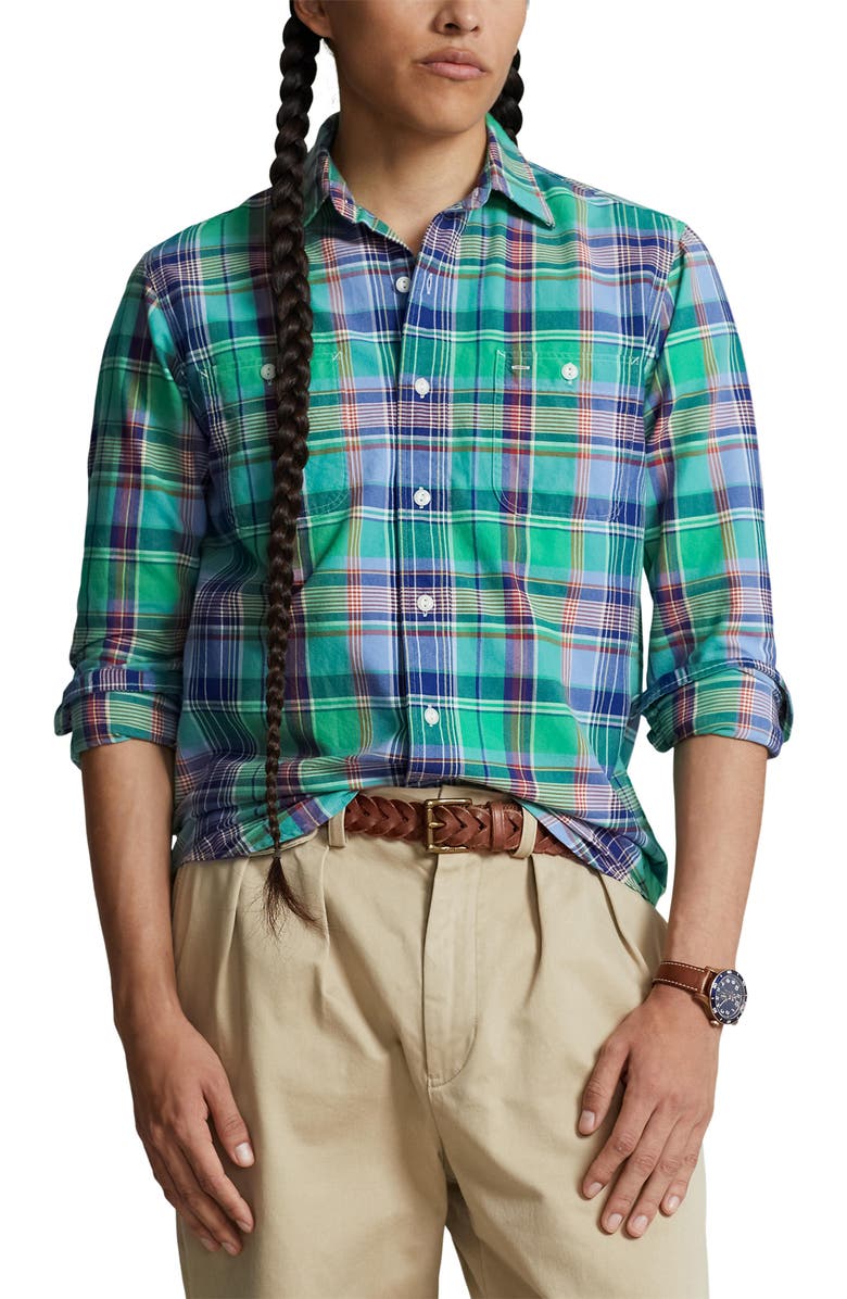 Polo Ralph Lauren Classic Fit Plaid Cotton Oxford Button-Up Shirt Classic Fit Plaid Oxford Workshirt, Main, color, 