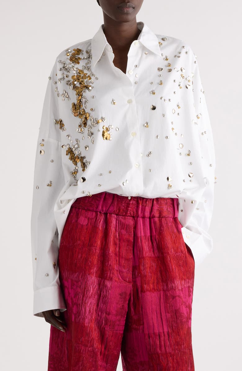 Dries Van Noten Casia Orchid Petal Print Cotton Button-Up Shirt, Main, color, 