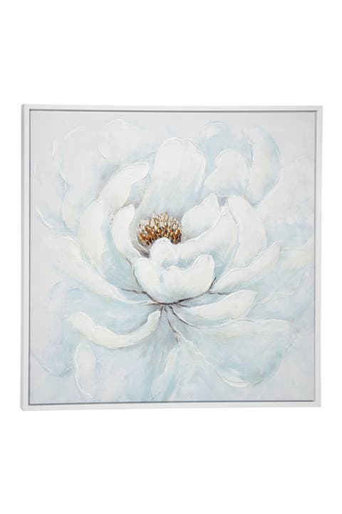 Large Square White Peony Flower Acrylic Painting in Silvertone Frame