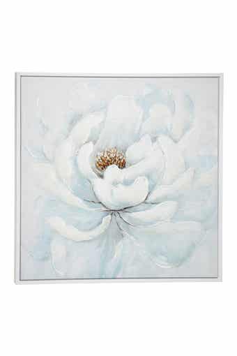 WILLOW ROW Large Square White Peony Flower Acrylic Painting in Silvertone Frame