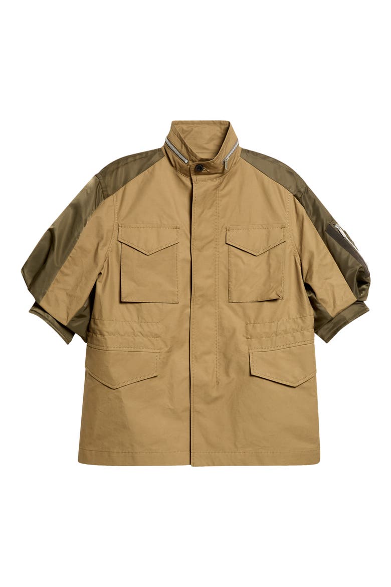 Mixed Media Short Sleeve Jacket, Main, color, BEIGE/ DARK KHAKI