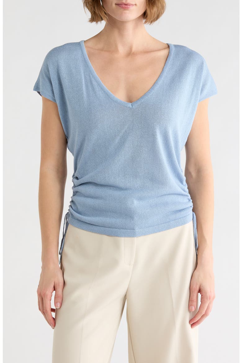 Side Ruched Short Sleeve V-Neck Sweater, Main, color, LIGHT BLUE