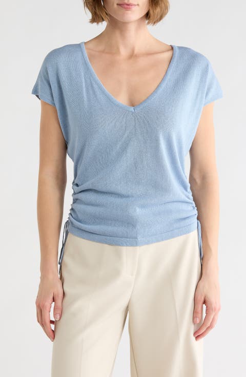 Side Ruched Short Sleeve V-Neck Sweater