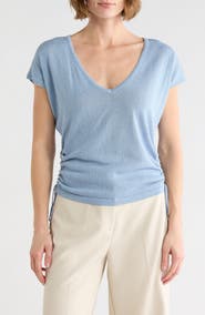 MAX STUDIO Side Ruched Short Sleeve V-Neck Sweater