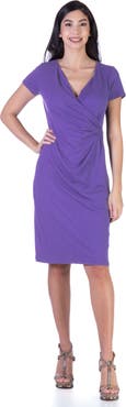 24seven Comfort Apparel Petites Short Sleeve Knee Length Faux Wrap Dress