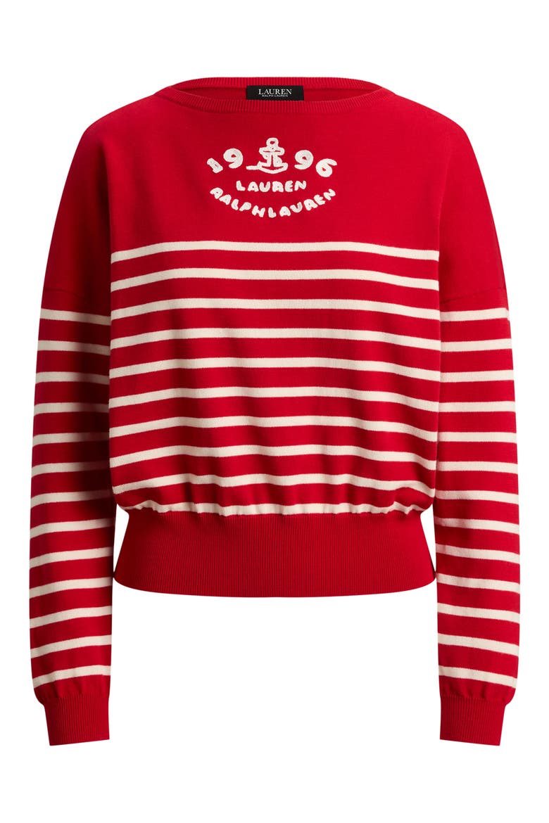 Striped Combed Cotton Boat Neck Sweater, Alternate, color, CREAM/ CRUISE RED