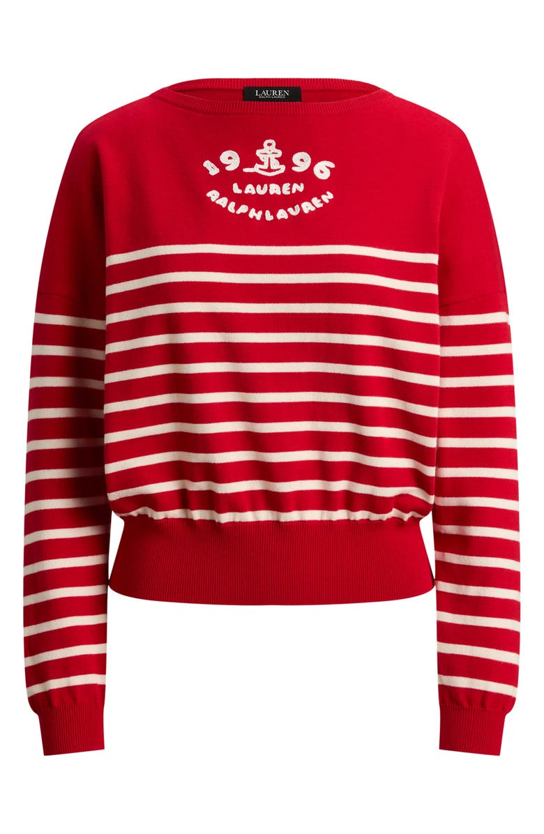 Lauren Ralph Lauren Striped Combed Cotton Boat Neck Sweater, Alternate, color, Cream/ Cruise Red