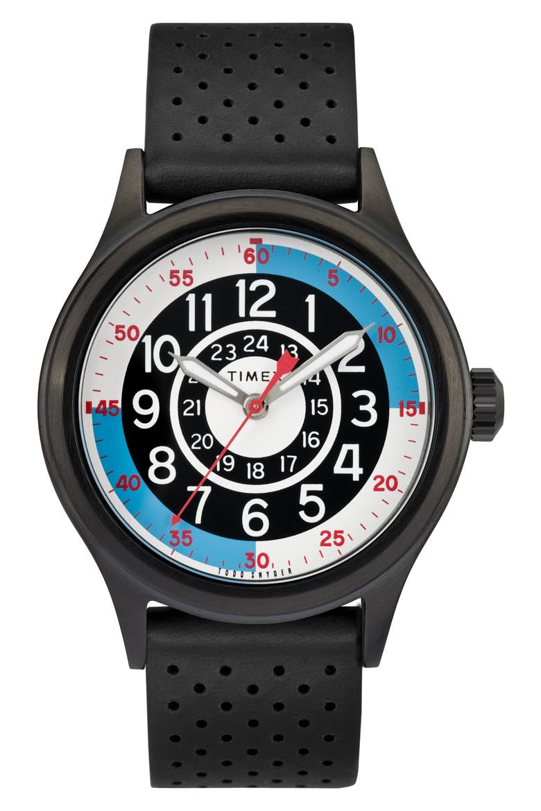 The Blackjack Leather Strap Watch, 40mm, Main, color, OLIVE/BLACK/ORANGE