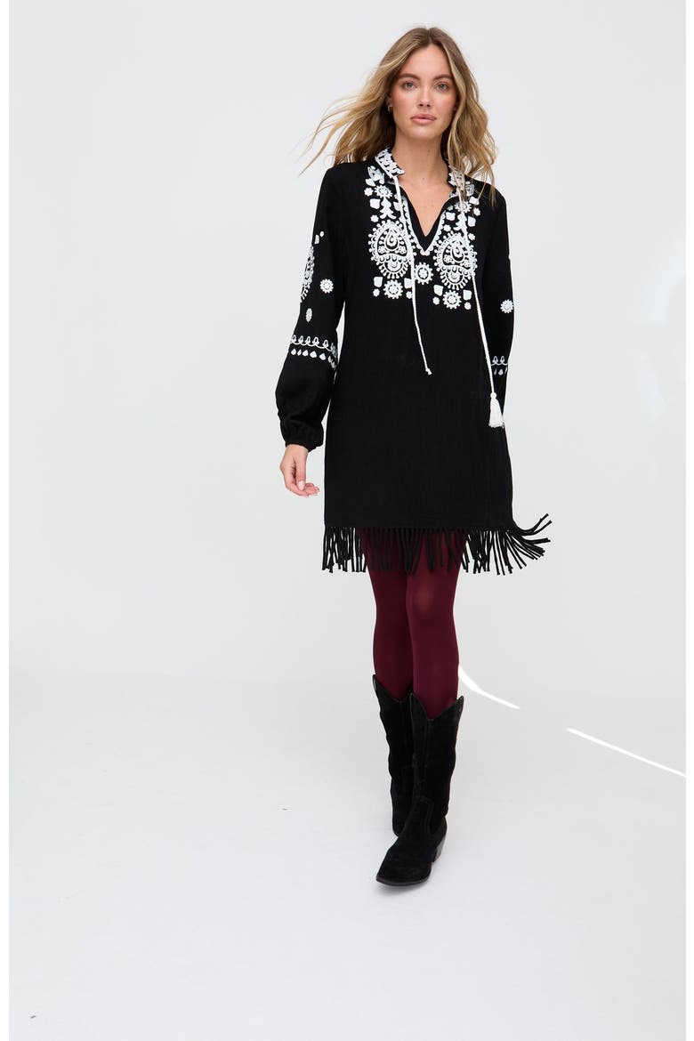 Katie Fringe Embroidered Mini Dress, Main, color, Black