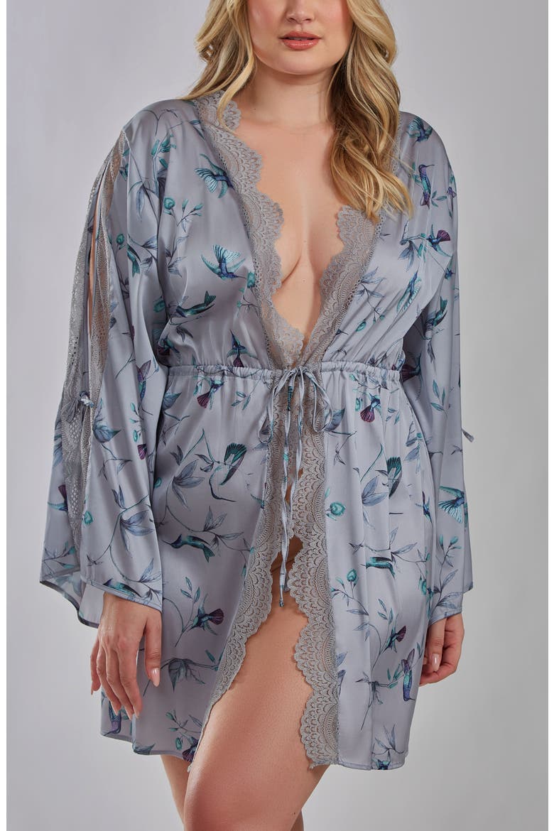 Hummingbird Print Cold Shoulder Lace Trim Satin Robe, Main, color, GRAY