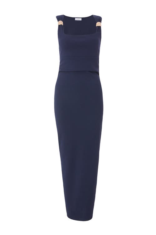 Quiz Scuba Crepe Maxi Dress With Gold Buckle In Navy
