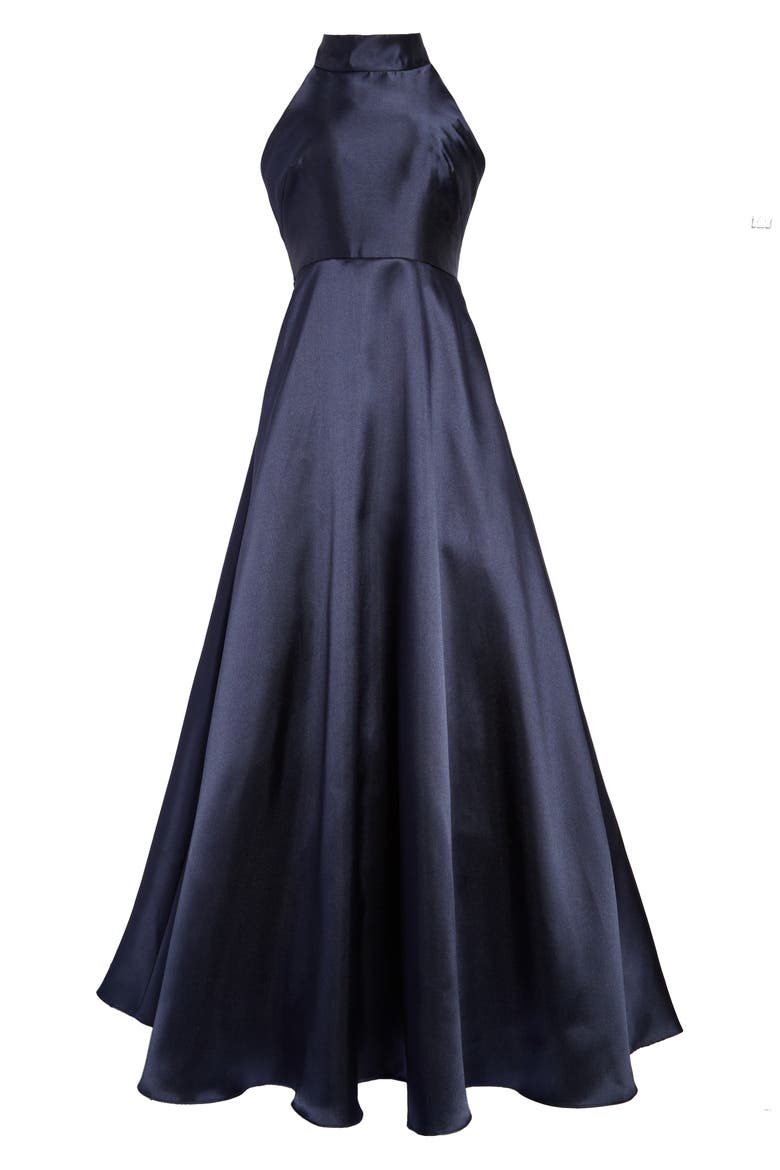 Mock Neck Fit & Flare Gown, Main, color, NAVY