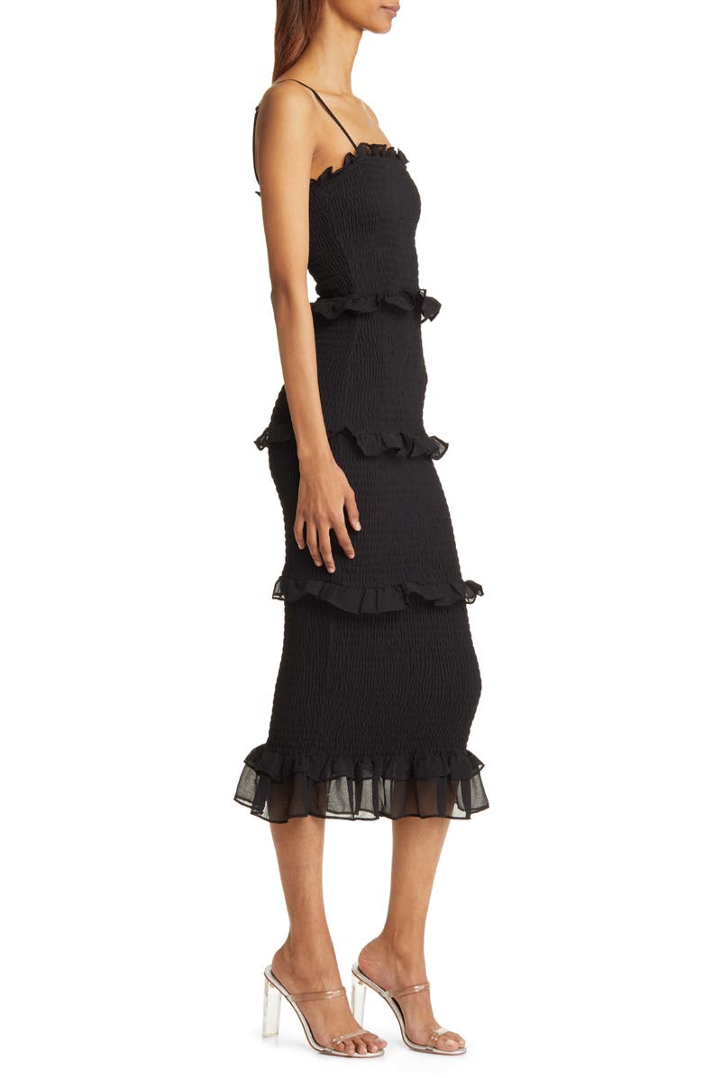 bebe Smocked Georgette Cocktail Dress, Alternate, color, Blk
