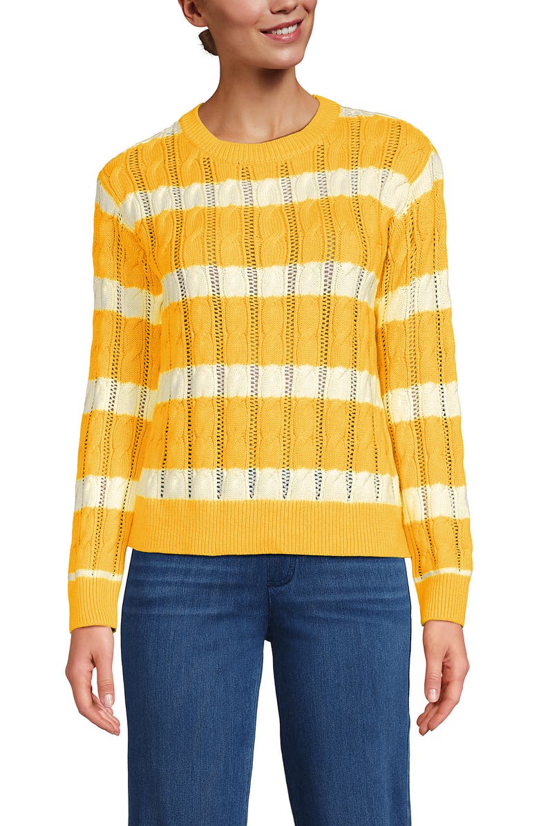 Lands' End Drifter Cable Pointelle Stitch Sweater, Main, color, Ivory/Sunkissed Yellow Stripe