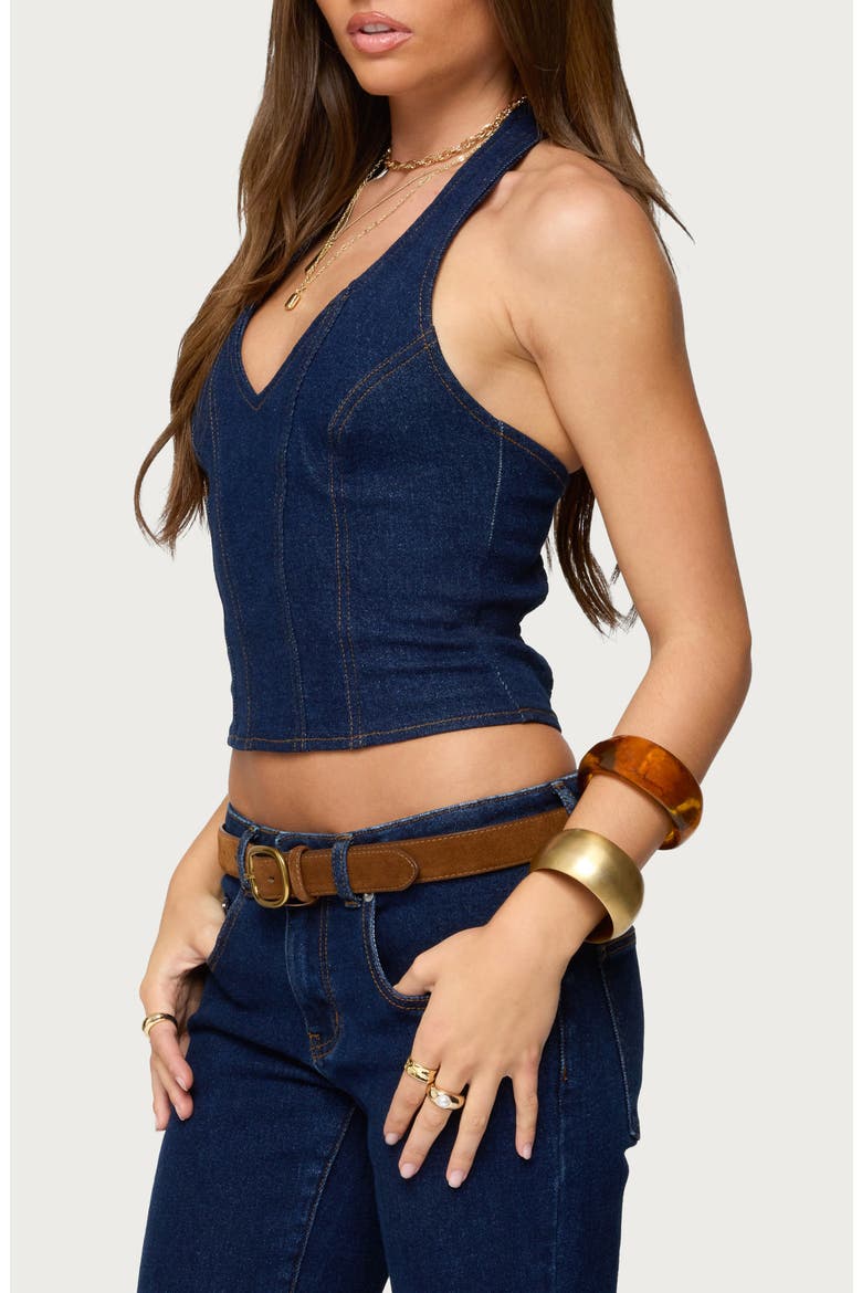 Jemma Contrast Stitch Denim Halter Top, Alternate, color, DARK-BLUE-WASHED