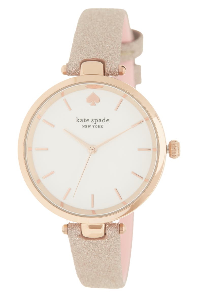 holland three-hand rose gold-tone glitter leather watch, 34mm, Main, color, ROSE GOLD
