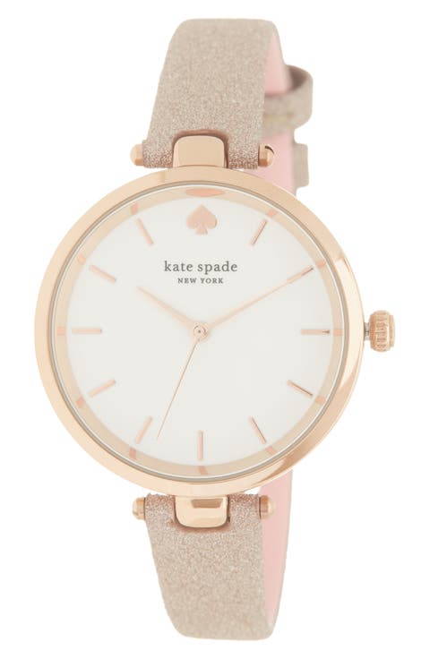 holland three-hand rose gold-tone glitter leather watch, 34mm