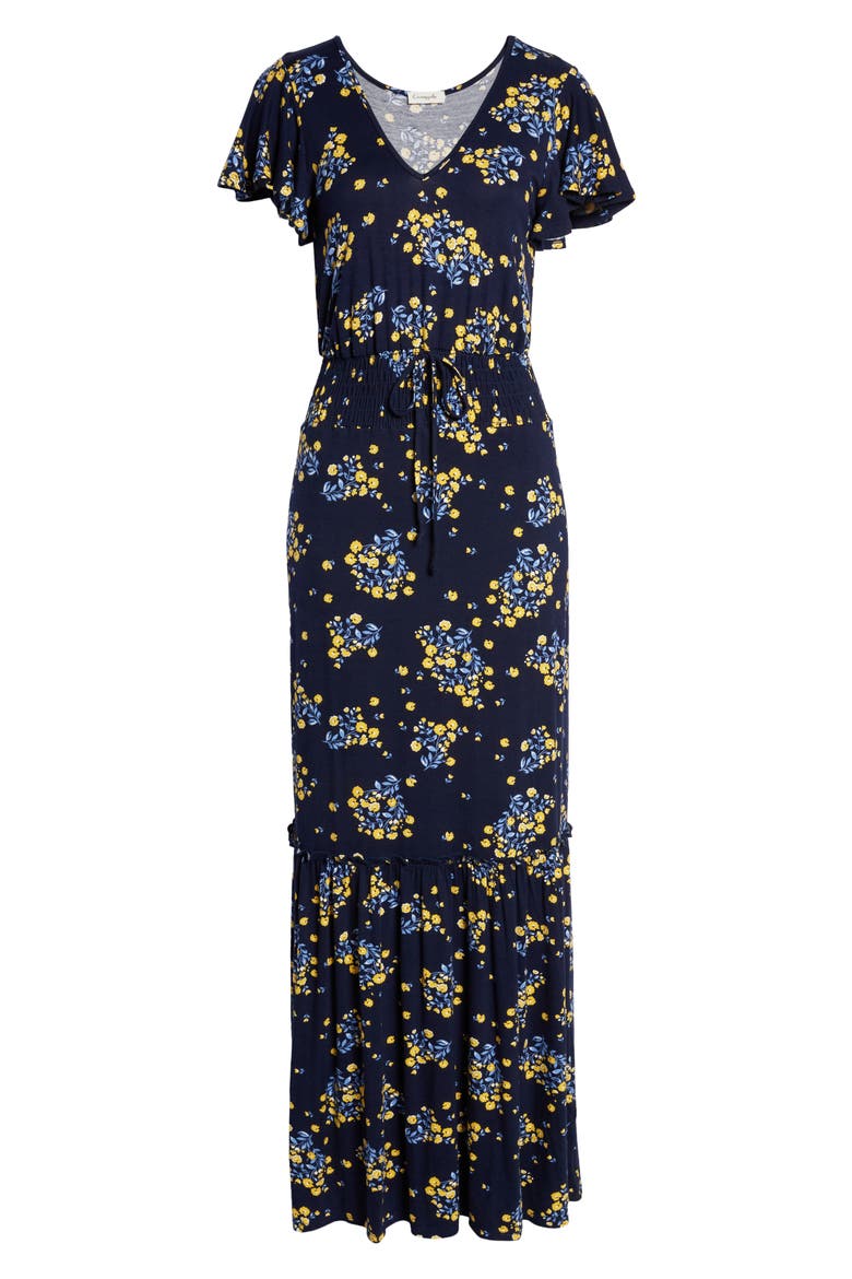 Floral Smock Waist Knit Maxi, Alternate, color, NAVY