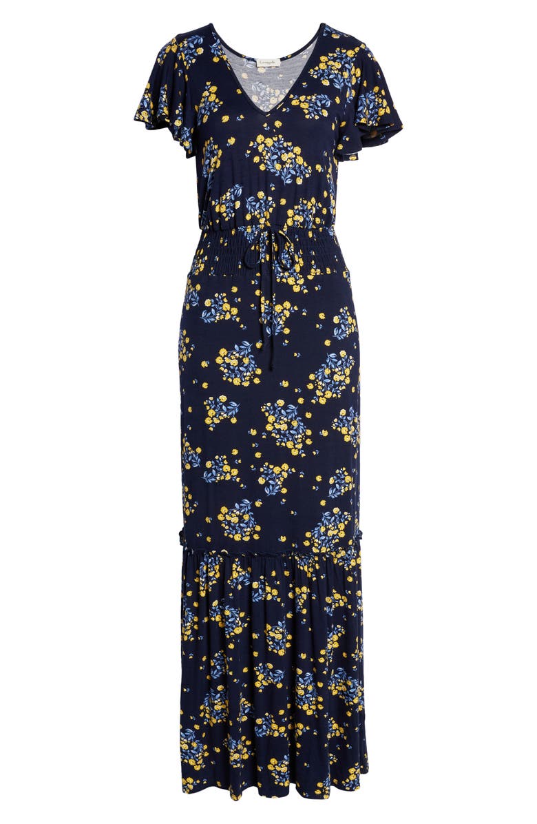 Loveappella Floral Smock Waist Knit Maxi, Alternate, color, Navy