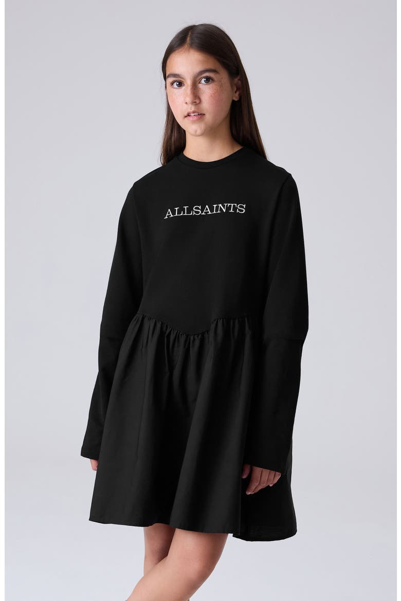Kids' Long Sleeve Mixed Media Cotton T-Shirt Dress, Alternate, color, BLACK
