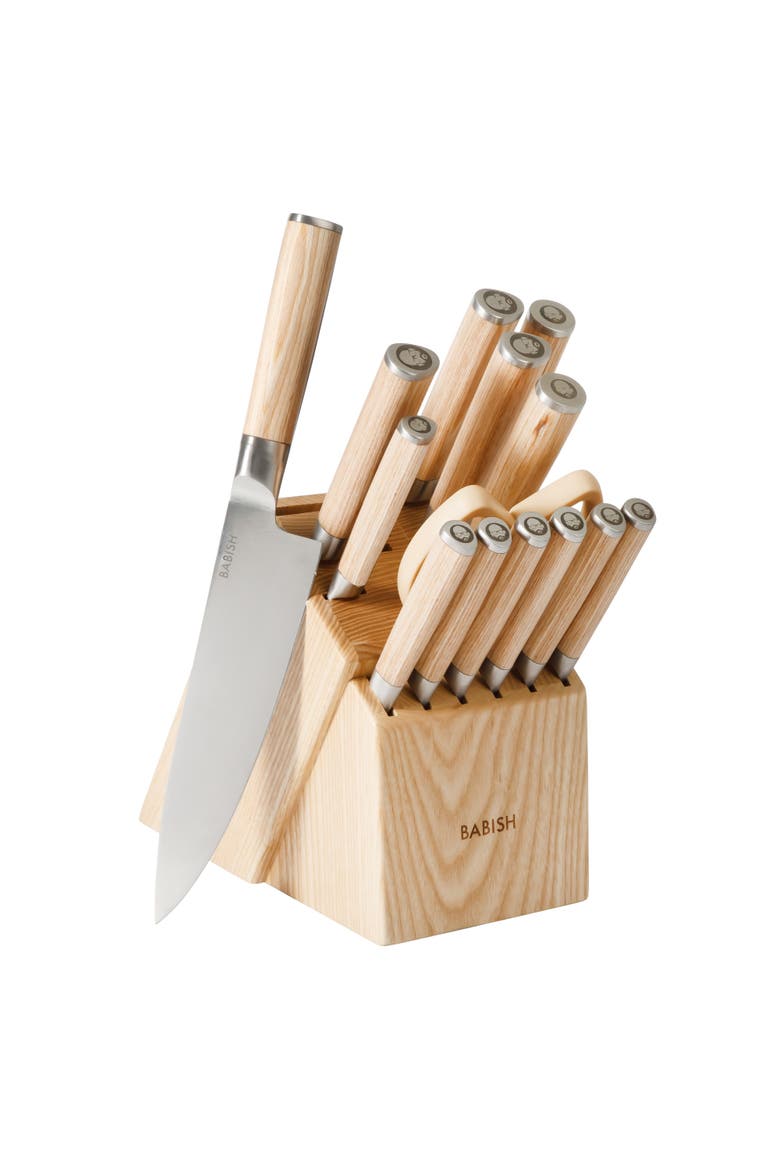 15-Piece High Carbon German Steel Forged Knife Block Set with Pakka Wood Handles, Main, color, Natural