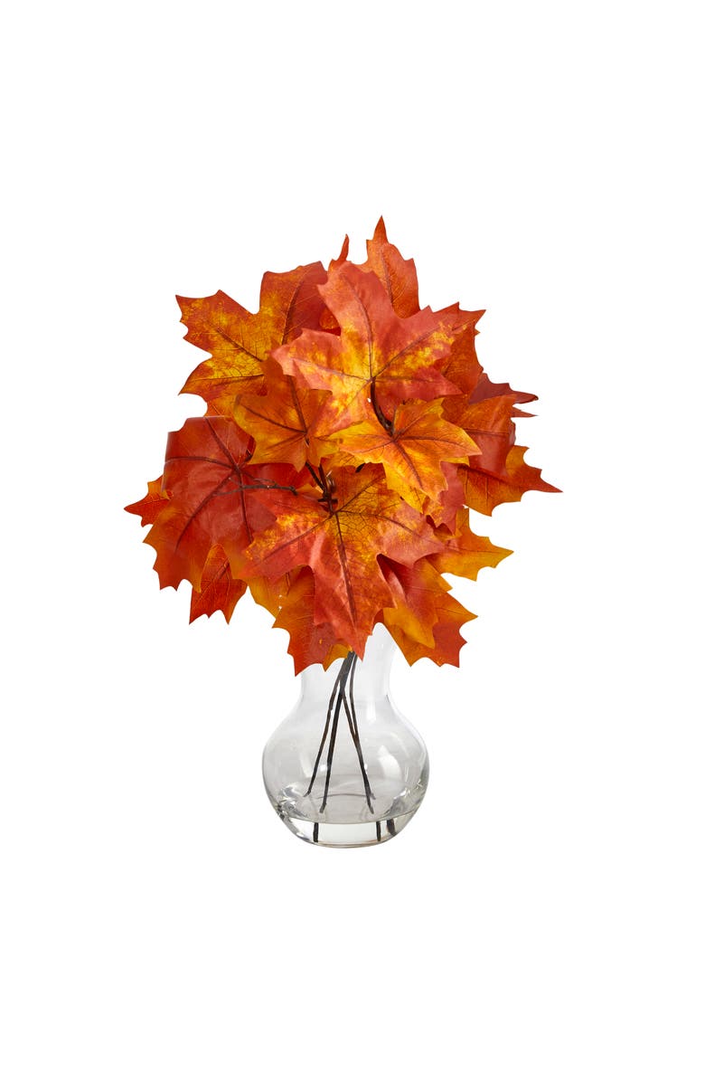NEARLY NATURAL 18-in Autumn Maple Leaf Artificial Plant in Glass Planter, Main, color, Orange