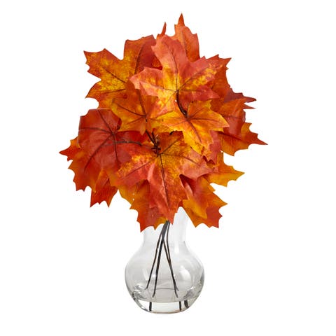 18-in Autumn Maple Leaf Artificial Plant in Glass Planter