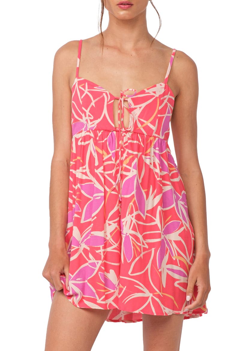 Leaf Print Keyhole Empire Waist Minidress, Alternate, color, PINK