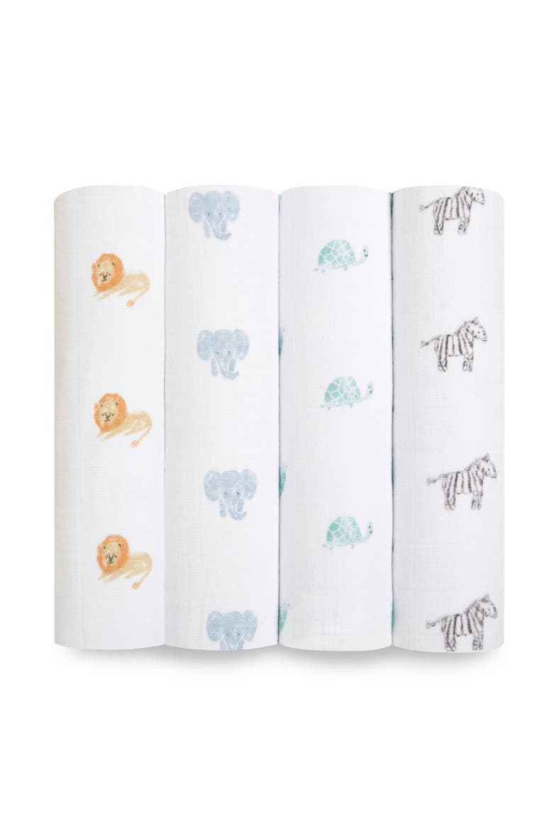 Assorted 4-Pack Organic Cotton Muslin Swaddling Cloths, Main, color, ANIMAL KINGDOM