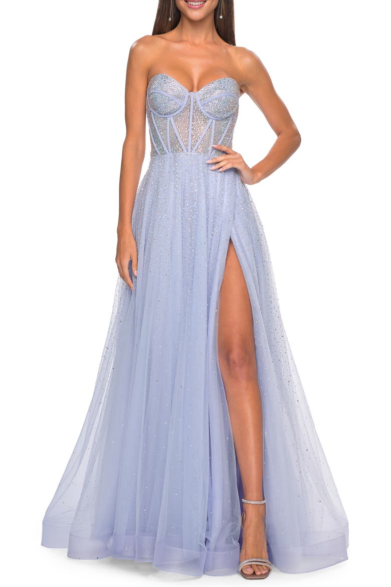 Rhinestone Embellished A-line Tulle Gown with Corset Top, Alternate, color, Light Periwinkle