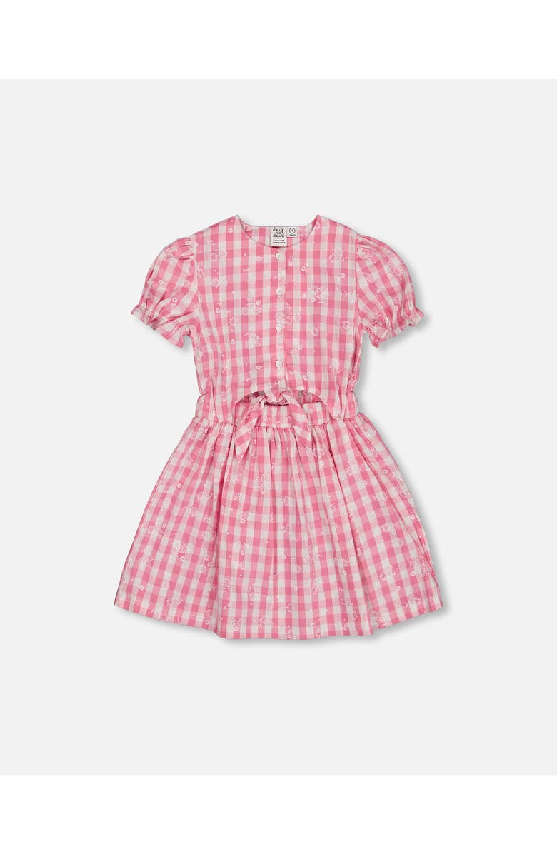 Deux par Deux Girl's Puff Sleeve Dress With Waist Tie Pink And White Checks, Main, color, Pink And White Checks
