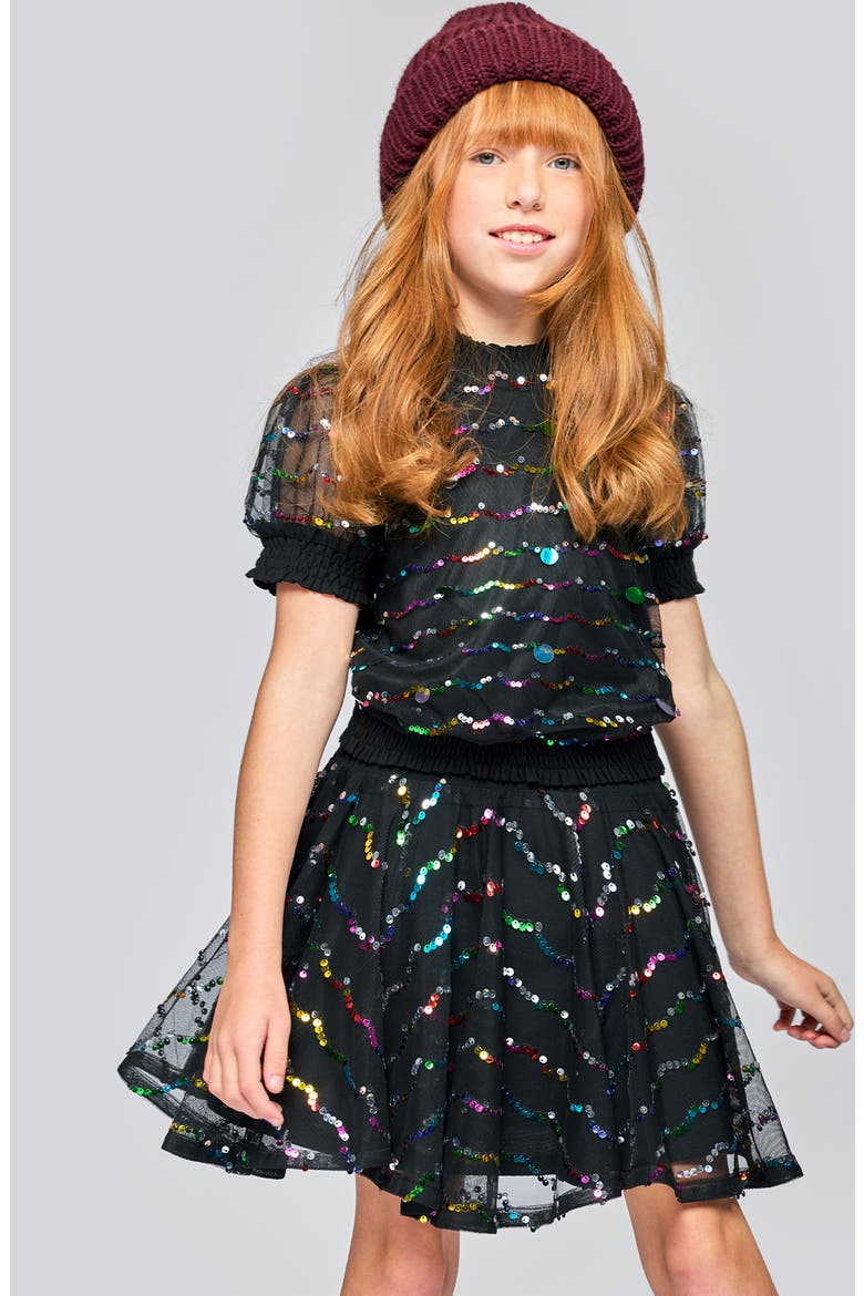 Kids' Sequin Mesh Puff Sleeve Top, Alternate, color, BLACK