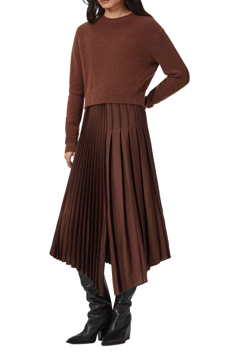 AllSaints Jax Wool Blend Sweater & Pleated Sleeveless Dress, Alternate, color, Chestnut Brown