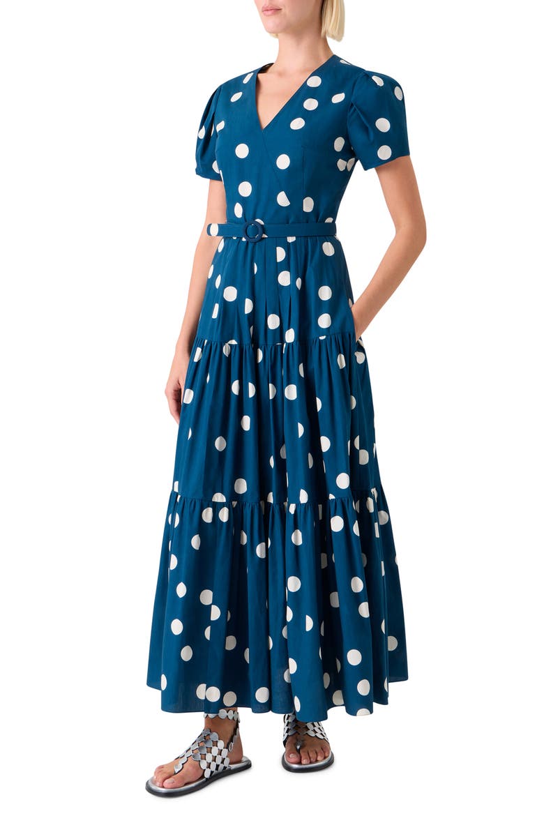 Polka Dot Tiered Cotton Poplin Dress, Alternate, color, DARK BLUE-CREAM