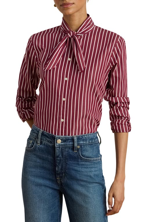 Ralph Lauren Women's Striped Broadcloth Tie-neck Shirt In Brown