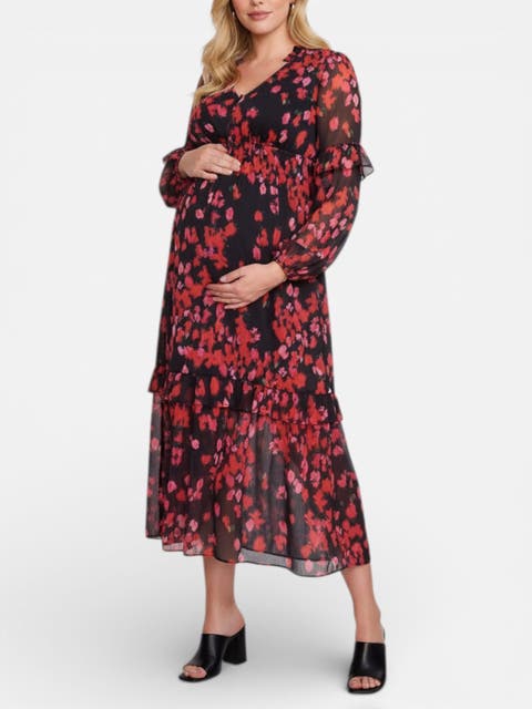 V-Neck Long Sleeve Tiered Maxi Dress