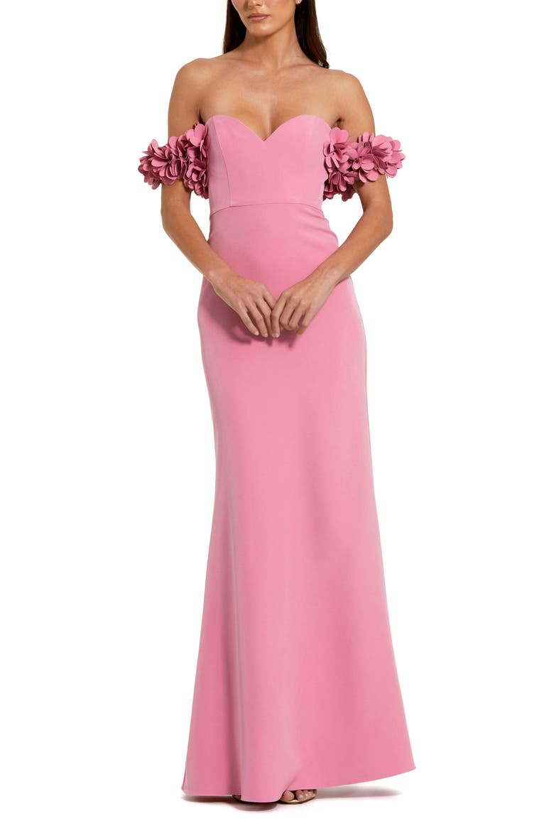 Crepe Off The Shoulder Gown With 3D Flowers, Main, color, Rose