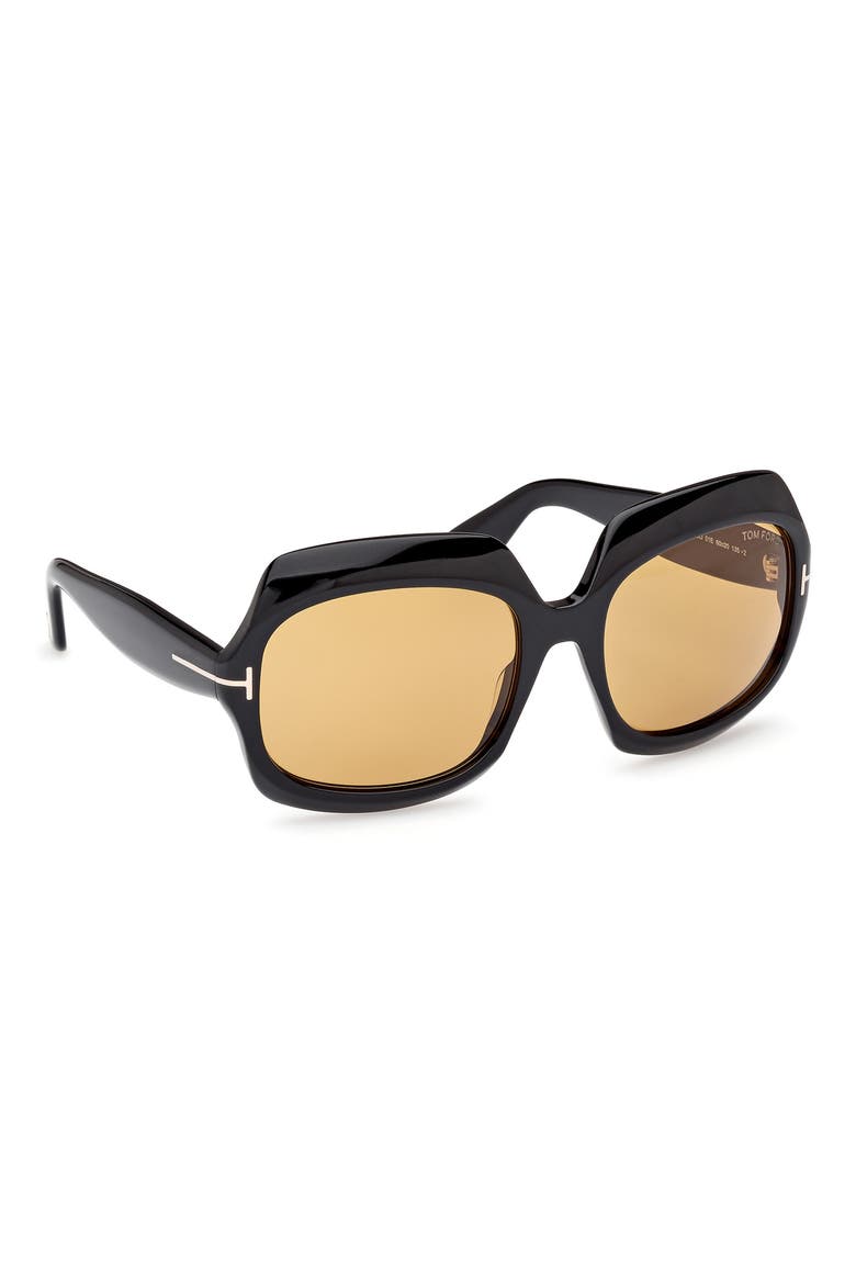 Ren 60mm Geometric Sunglasses, Alternate, color, SHINY BLACK / BROWN