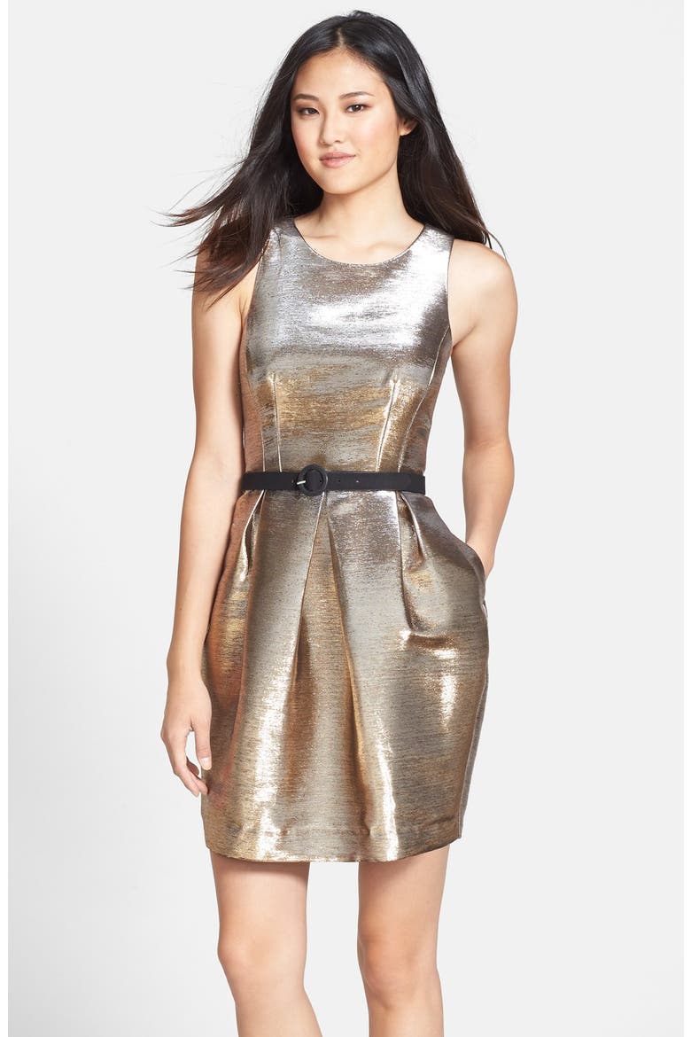Belted Metallic Tulip Dress, Main, color, GOLD