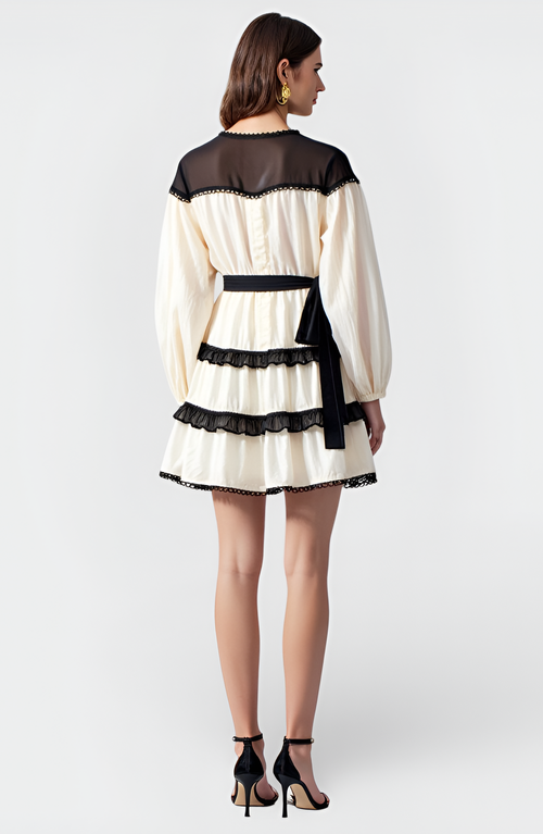 Modenaire Contrast Trim Mini Dress With Waist Tie And Tiered Skirt In Multi