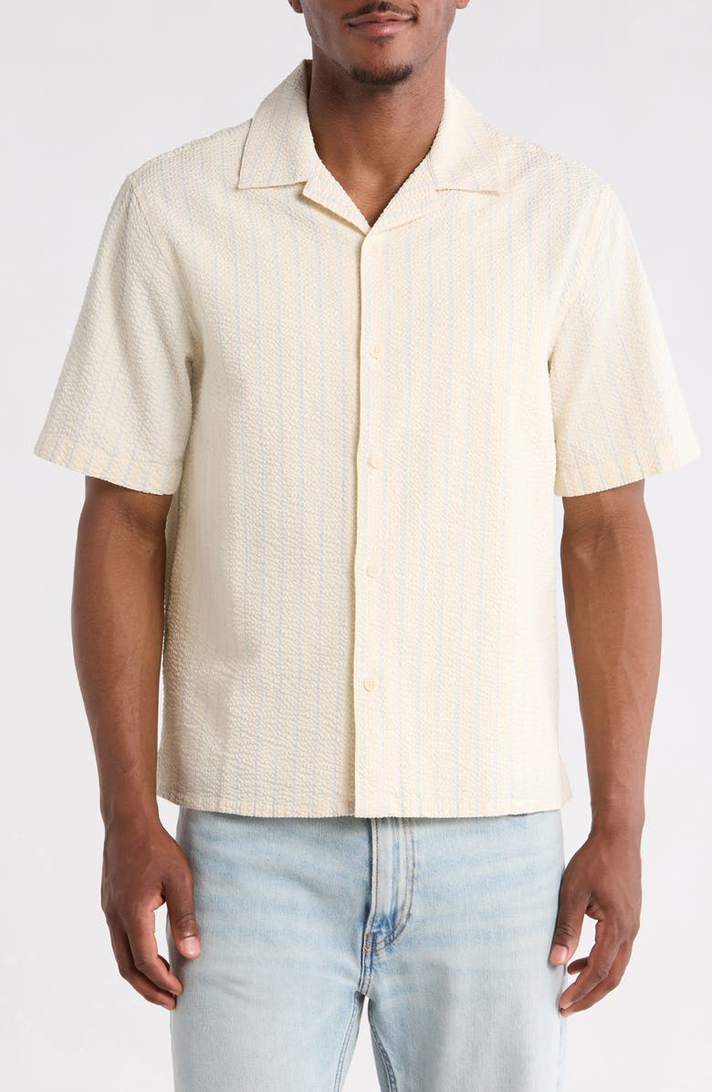 Wax London Didcot Stripe Cotton Seersucker Camp Shirt, Alternate, color, Ecru/ Blue