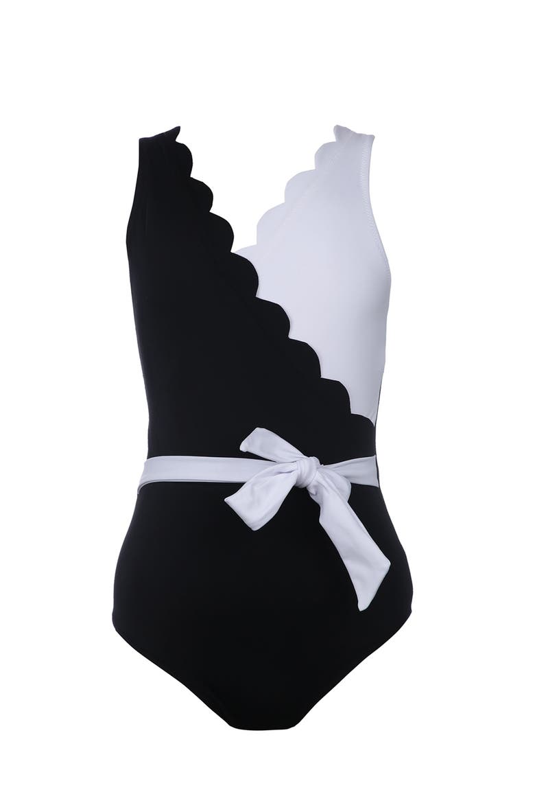 Scalloped Wrap with Waist Bow One-Piece Swimsuit, Main, color, Black-White
